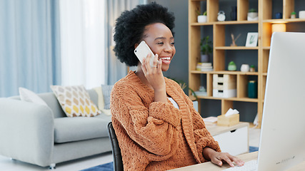 Image showing Phone call, computer and smile with a business black woman in her office for communication or networking on project management. Contact, happy and young employee talking on her mobile for negotiation