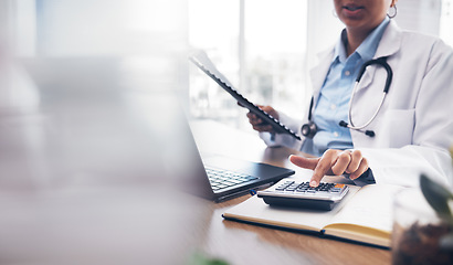 Image showing Accounting doctor, calculator and hands of person calculating bookkeeping finance, hospital budget or medical savings. Mockup space, healthcare and accountant working on taxes, audit or compliance