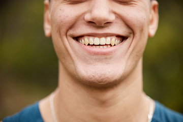 Image showing Closeup, smile and mouth of a man on bokeh for oral hygiene, tooth cleaning and dentistry. Happy, face and a person showing results or progress of teeth whitening or dental care from a treatment