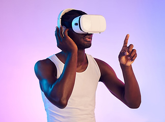 Image showing Virtual reality, headphones and black man press on screen, future technology and holographic on purple background. 3D, high tech and VR, metaverse and digital world in studio with cyber and audio