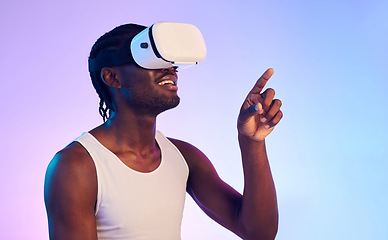 Image showing Virtual reality, digital world and black man press on screen, future technology and holographic on gradient background. UX, 3D and high tech with VR, metaverse and scifi in studio with cyber space