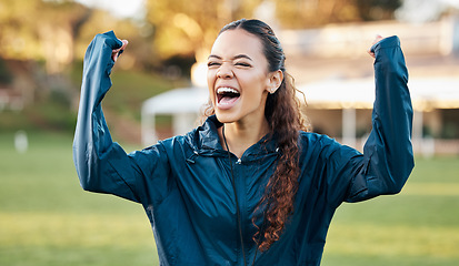 Image showing Woman, celebration and winner with excited athlete on a field for sport, game and workout. Training, yes and fitness performance success of a female person with winning and achievement from exercise