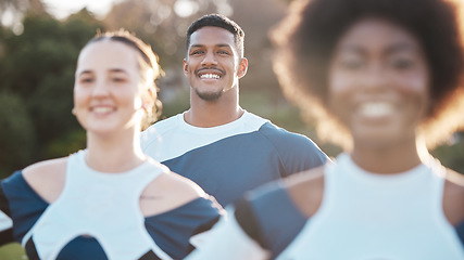 Image showing Cheerleader team, happiness and field people ready for sports competition support, dance or outdoor routine. Cheerleading, group smile and dancer performance, teamwork practice or fitness contest