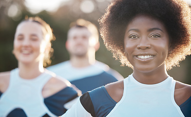 Image showing Team, sport and black woman portrait with diversity, happy and smile from workout outdoor for training. Female person, wellness and healthy young people with fitness community together in a field