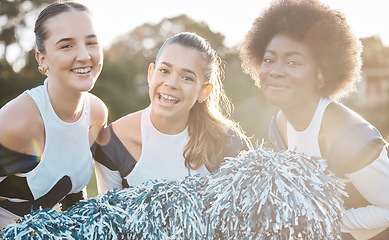 Image showing Cheerleader, sports and portrait of women for performance, dance and motivation for game. Teamwork, dancer and happy people in costume cheer for support in match, competition and sport event outdoors
