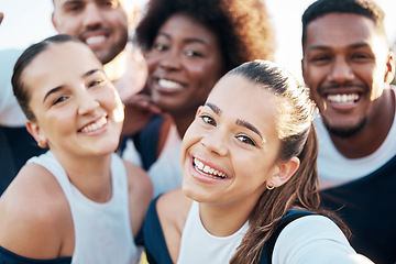 Image showing Team, sport and selfie with diversity, happy and smile from workout outdoor for training. Teamwork, wellness and healthy friends portrait with young people and fitness community together in a park