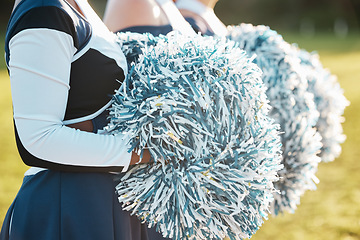 Image showing Cheerleader team, sports and hands with pompom for dance, performance and motivation for game. Teamwork, dancer and people in costume cheering for support in match, competition and event outdoors