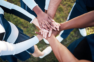 Image showing Hands, together and people in sports huddle for support and solidarity in athlete team with top view. Fitness group outdoor, collaboration and trust, mission in partnership synergy and game plan