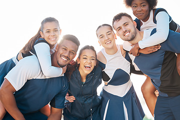 Image showing Cheerleader team, sports and portrait of people for performance, dance and motivation for game. Teamwork, dancer and excited group cheer for support in match, competition and sport event outdoors