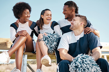 Image showing Cheerleader, sports and people laugh on bench for performance, dance and motivation for game. Teamwork, dancer and people laugh in costume for support in match, competition and field event outdoors