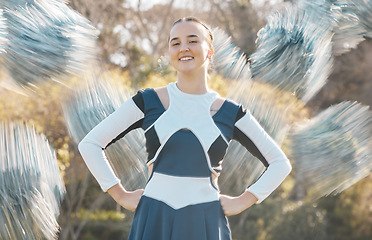 Image showing Cheerleader, sports and portrait of woman with blur for performance, dance and motivation for game. Teamwork, dancer and person in costume cheer for support in match, competition and event outdoors