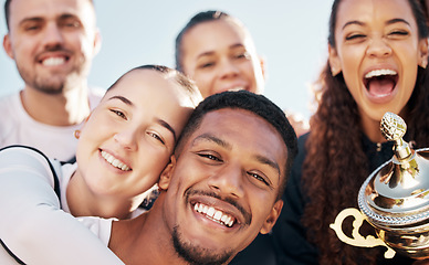 Image showing Team winner, sport and selfie with trophy, happy and smile from achievement and success. Teamwork, excited and healthy friends portrait with young people and fitness community together with a win