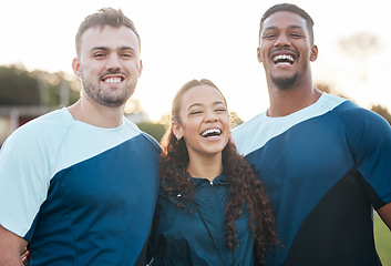 Image showing Team, laughing and portrait with diversity, happy and smile from workout outdoor for training. Teamwork, wellness and healthy friends with young people and fitness community together on a field