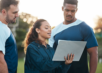 Image showing Coach, sports and woman with notebook for team training, exercise and workout schedule outdoors. Fitness, teamwork and trainer with men and notes for planning game strategy, match and competition