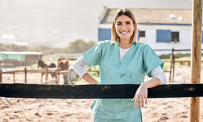Image showing Horse vet, portrait and smile outdoor at farm for health, care or happy with love for animal in nature. Doctor, woman and equestrian healthcare expert in sunshine, countryside or helping for wellness