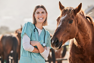 Image showing Happy horse doctor, portrait and woman at farm with arms crossed, care or smile for love, animal or nature. Vet, nurse and equine healthcare expert in sunshine, countryside and helping for wellness