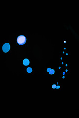 Image showing Bokeh, blue dots and dark wallpaper with pattern, texture and lights on mockup with cosmic aesthetic. Night lighting, sparkle particles and glow on dark wallpaper with space, color shine and flare.