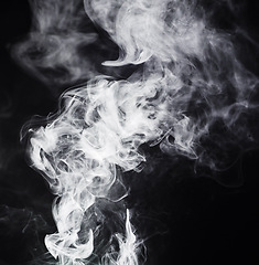 Image showing Vape, white pattern and smoke on black background with texture, mockup and abstract art or creative gas design. Cloud of cigarette, smoking and fog in air, wind or dry ice for empty or dark wallpaper