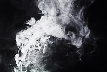 Image showing Smoke, white effect and black background with creative texture, mockup and abstract art, pattern or gas design. Cloud of cigarette, smoking and fog in air, wind or dry ice in empty or dark wallpaper