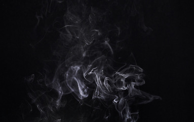 Image showing Smoke, cigarette and dark or black background with pattern, texture and mockup for abstract art of gas or cloud design. Incense, fog or smoking of air pollution, texture or danger in empty studio