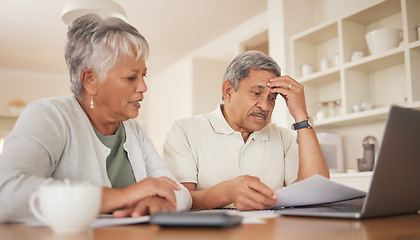 Image showing Debt, finance stress and senior couple with tech, bills and budget at computer with paperwork. Anxiety, banking problem and savings planning for pension and retirement in a home with web tax notes