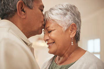 Image showing Old couple, man kiss woman on forehead with love and bonding at home, love and life partner in marriage with peace. Commitment, trust and support with people in retirement, affection and romance