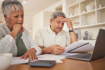 Image showing Debt, stress and senior couple with financial, bills and budget at computer with paperwork. Anxiety, banking problem and savings planning for pension and retirement in a home with web tax notes