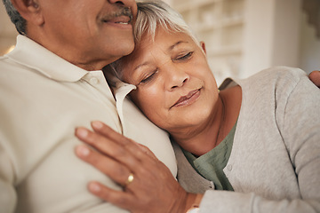 Image showing Face, senior woman or hug man in home for love, care and calm together for romance, retirement or marriage. Elderly couple embrace in loyalty, commitment or relax to support partner, trust or comfort