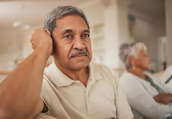 Image showing Divorce, stress and senior couple in a living room with depression, angry or argue at home. Marriage, fail and face of elderly man in a lounge with frustrated woman for erectile dysfunction crisis