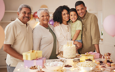 Image showing Family, birthday party and generations in portrait, celebration with cake and grandparents, parents and child with smile. Special event, dessert and people at home with bakery food, happy and fun