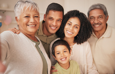 Image showing Family, selfie with grandparents and parents with kid, happiness for memory or social media post. People bonding at home, generations with love and trust, smile in profile picture and photography