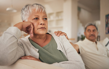 Image showing Divorce, fight and senior couple in a living room with depression, angry or argue at home. Marriage, fail or old woman with menopause ignore man in a lounge with erectile dysfunction, liar or cheat