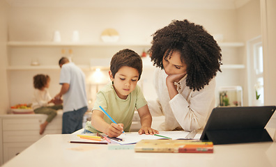 Image showing Mom, child and writing in home education, e learning and family support or creative development in kitchen. Interracial mother, parents and kid drawing or color in book for online school and teaching