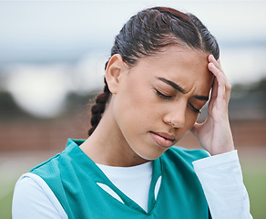 Image showing Sports, headache or face of woman on hockey field for fitness, exercise or workout challenge. Tired girl, stress anxiety or sick athlete with migraine, injury or head pain frustrated by training