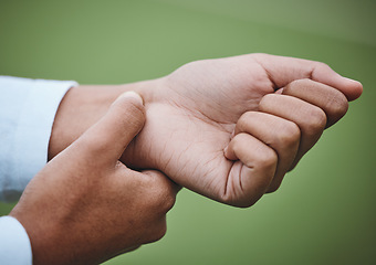 Image showing Hands, wrist pain or woman athlete with injury after exercise, sports training or workout accident. Closeup, injured player or girl with fibromyalgia, tendinitis or broken bone inflammation on field