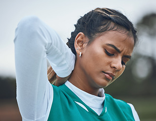 Image showing Tired, nature or sports woman with neck pain in exercise, body training injury or outdoor workout. Girl athlete, stress or female hockey player with anxiety, accident or muscle problem emergency