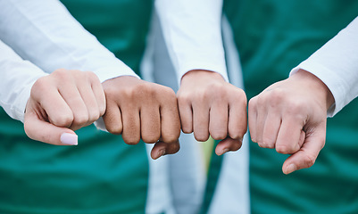 Image showing Celebration, closeup and team with support, fist bump and motivation with competition success, workout and winning. Hands together, group and people with match, fitness and solidarity with exercise