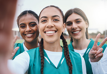 Image showing Sports women, team selfie and peace sign on field for memory, competition and portrait for fitness. Girl group, photography and post on social media with emoji, v icon and diversity for hockey game