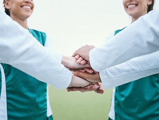 Image showing Stack, sports women or hands of team in huddle with support, smile or plan for a hockey training game. Fitness, pride or happy female athletes in practice for exercise or match together for teamwork