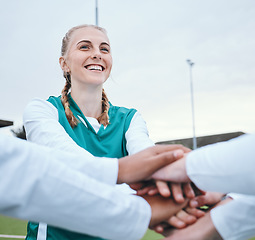 Image showing Happy woman, sports or hands of team in huddle with support, smile or plan for a hockey training game. Group, stack or female athletes in practice for fitness exercise or match together for teamwork