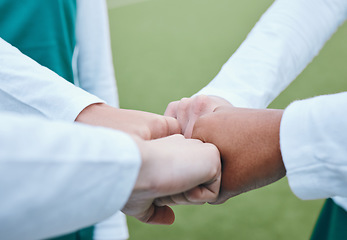 Image showing Exercise, closeup and people with support, fist bump and motivation with competition success, sports or fitness. Hands together, group and teamwork with match, celebration and workout with solidarity