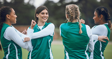 Image showing Field, women and team stretching, fitness and warm up with exercise, wellness and sports. Hockey, group and girls with workout, competition and match with health, training and support with energy