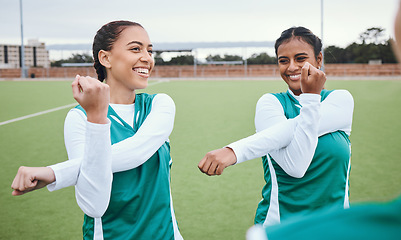 Image showing Field, women and friends stretching, exercise and warm up with support, wellness and training. Hockey, group and girls with workout, competition and match with health, cardio and smile with energy