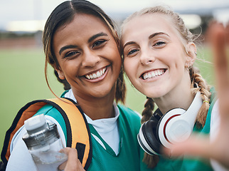 Image showing Selfie, portrait or hockey team in a game with support in sports training, exercise or fitness workout. Women, teamwork or happy people in a social media picture or group photo with smile in a match