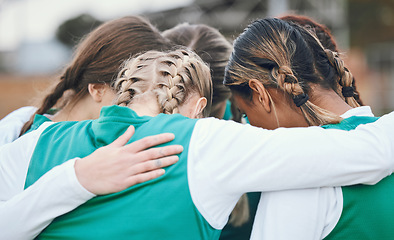 Image showing Hug, sports women or team in huddle with support, solidarity or plan for a hockey training game. Group, strategy or female athletes in practice for fitness exercise or match together for teamwork