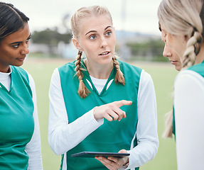 Image showing Leader, sports women or team planning tactics or strategy in a hockey training game, conversation or match. Tablet, talking or athletes in practice for fitness exercise together for teamwork in group