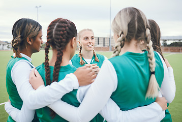 Image showing Sport, women and team in circle for meeting, solidarity and diversity on field outdoor in nature. Hockey, girls and hug for unity, teamwork and game discussion with happiness and collaboration