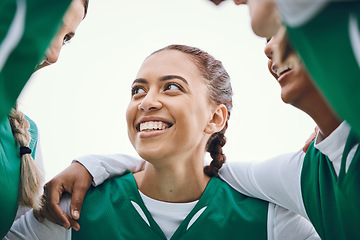 Image showing Happy, woman and team huddle in sport, game or conversation on field for advice match in soccer competition. Football player, group or support in exercise, workout or training collaboration together