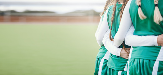 Image showing Women, fitness team and huddle with back on sport field with mockup space outdoor. Arms linked, solidarity and workout together with friends and training for exercise and game with support and unity