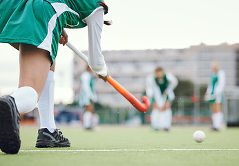 Image showing Field, hockey and woman running in game, tournament or competition with ball, stick and team on artificial grass. Sports, team and women play in training, exercise or workout with teamwork on ground
